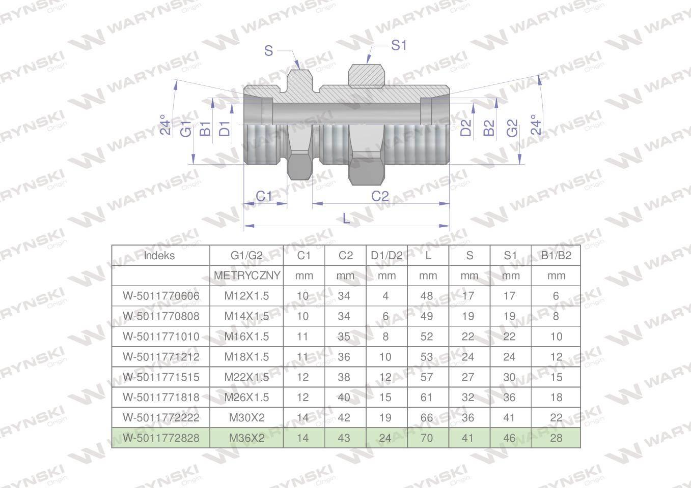 Złączka hydrauliczna metryczna grodziowa BB M36x2 28L z przeciwnakrętką (XS