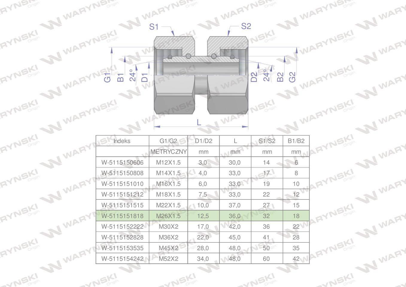Złączka hydrauliczna metryczna AA M26x1.5 18L Waryński W-5115151818