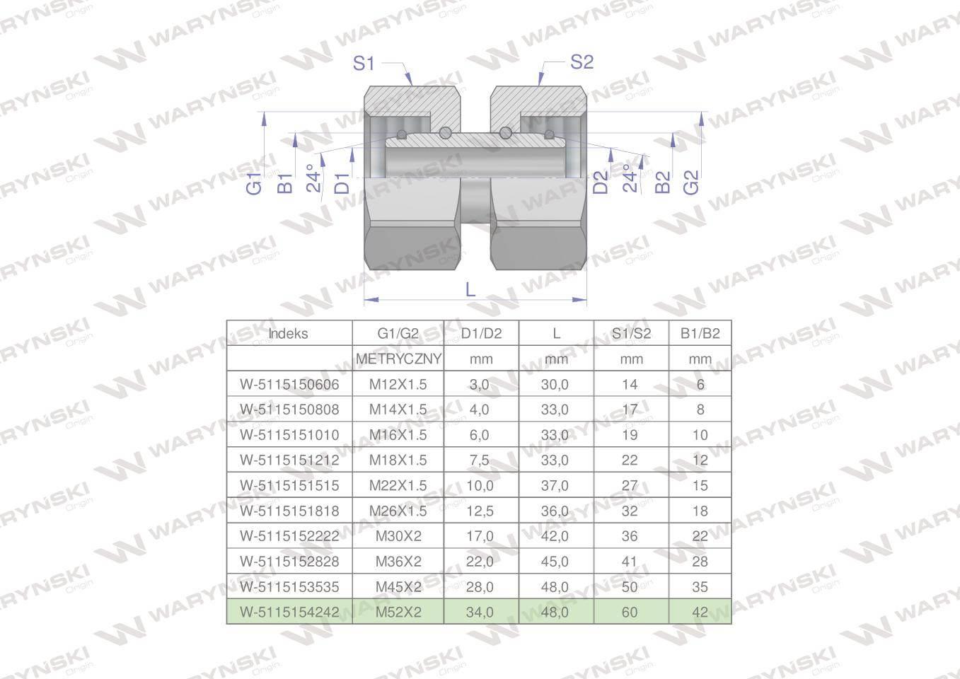 Złączka hydrauliczna metryczna AA M52x2 42L Waryński W-5115154242
