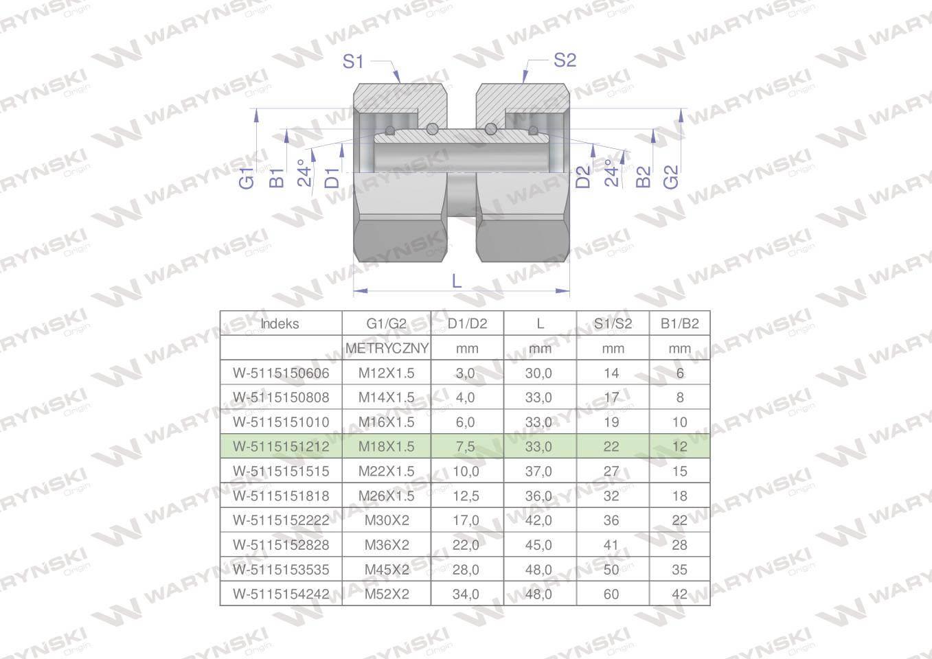 Złączka hydrauliczna metryczna AA 18/18 M18x1.5 12L Waryński 5szt