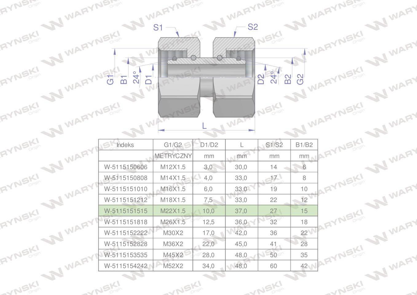 Złączka hydrauliczna metryczna AA M22x1.5 15L Waryński 5szt W-5115151515
