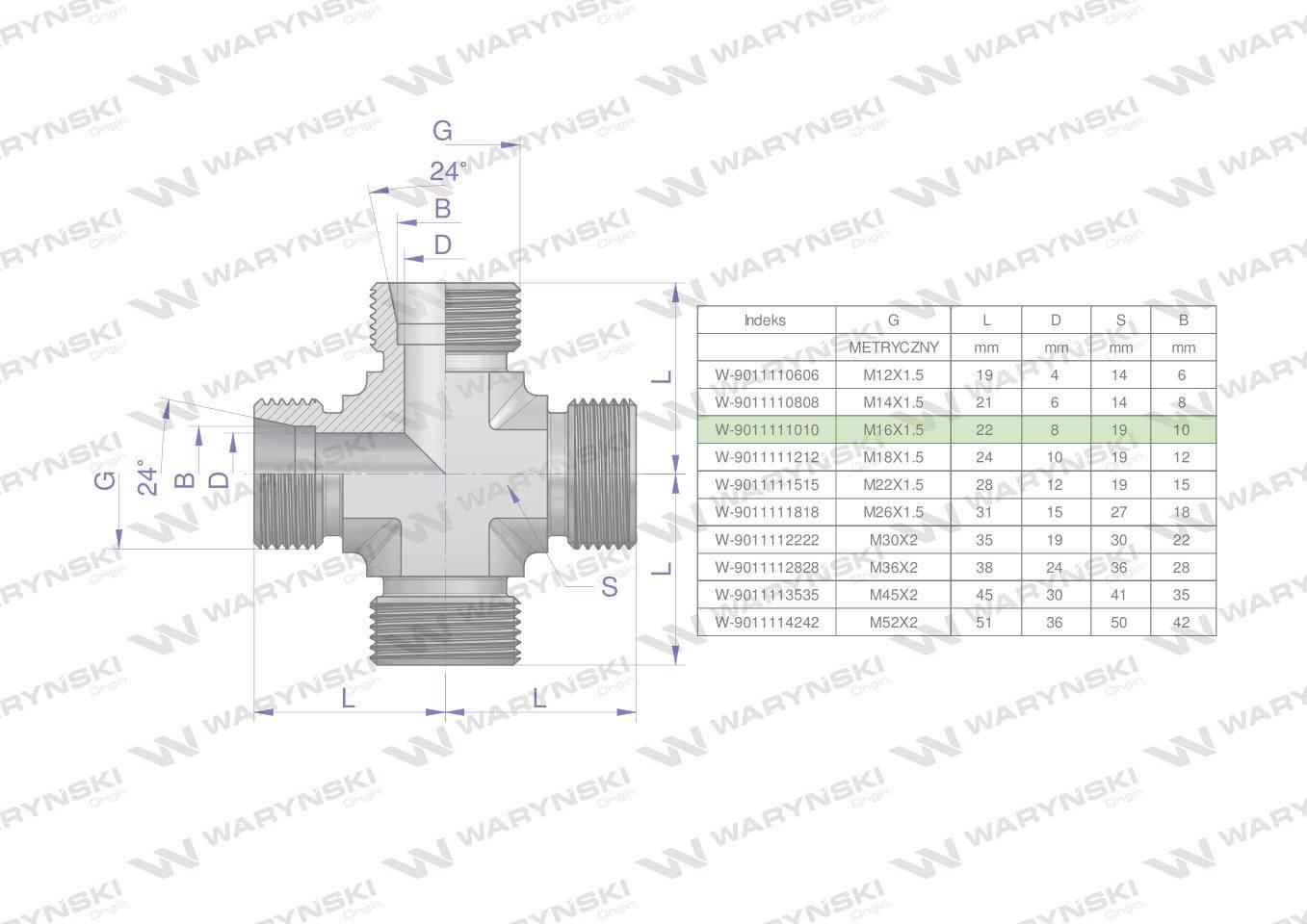Czwórnik hydrauliczny metryczny BBBB M16x1.5 10L Waryński W-9011111010