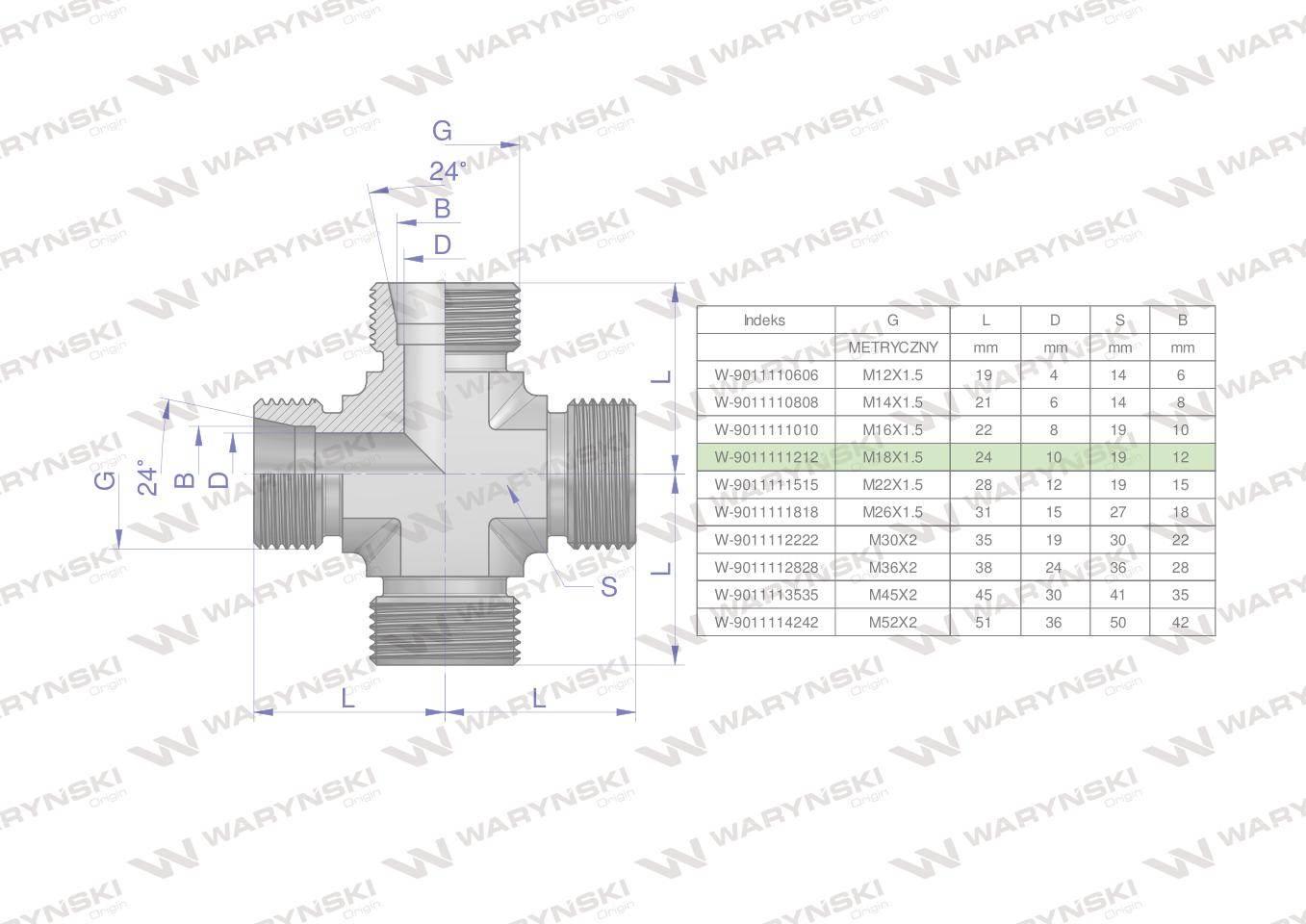 Czwórnik hydrauliczny metryczny BBBB M18x1.5 12L Waryński W-9011111212