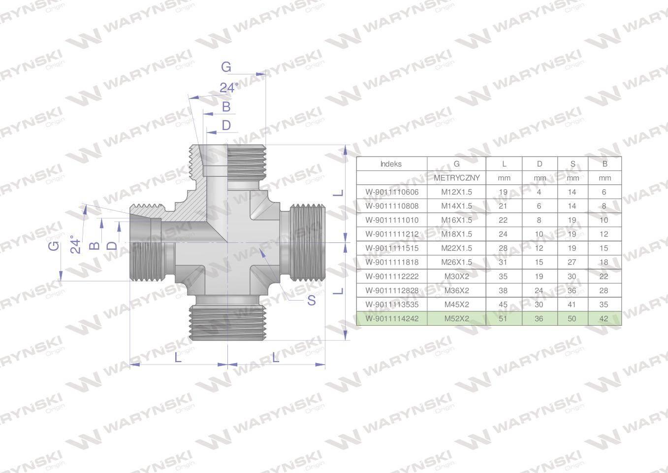 Czwórnik hydrauliczny metryczny BBBB M52x2 42L Waryński W-9011114242