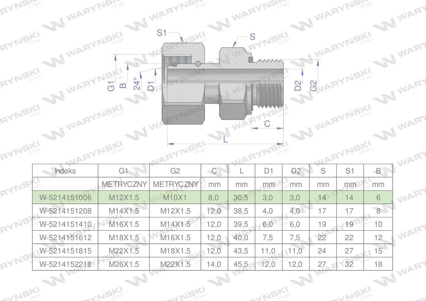Przyłączka hydrauliczna metryczna AB (EVGE) M12x1.5 06L x M10x1 ED Waryński