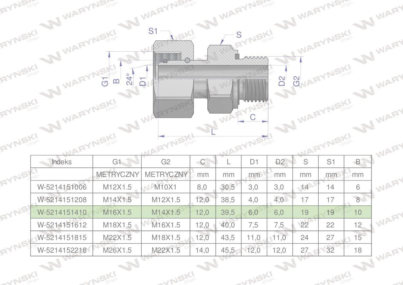 Przyłączka hydrauliczna metryczna AB (EVGE) M16x1.5 10L x M14x1.5 ED Waryńs