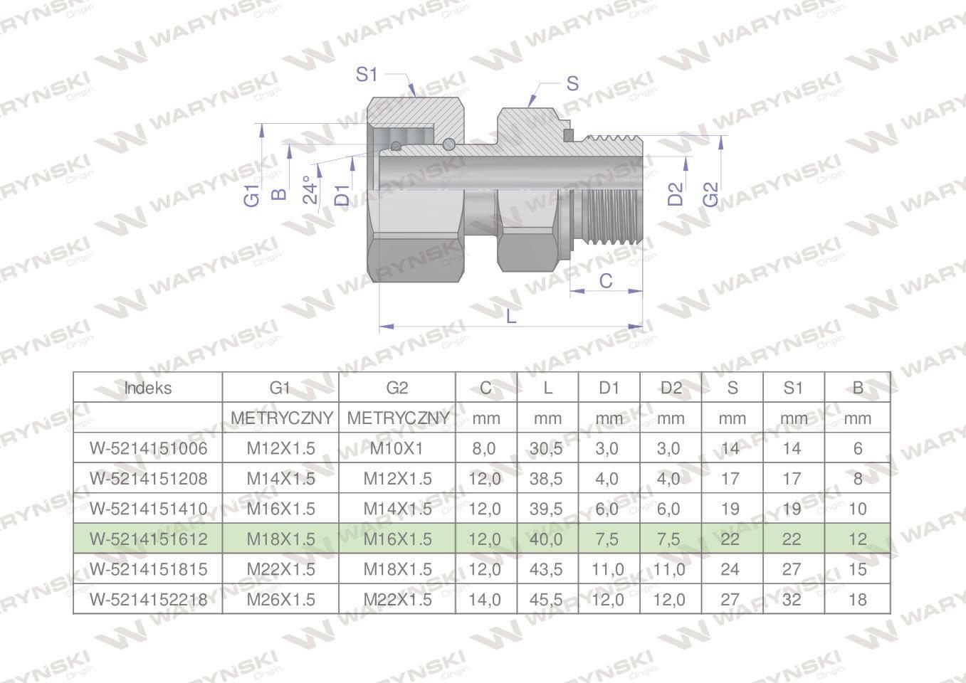 Przyłączka hydrauliczna metryczna AB (EVGE) M18x1.5 12L x M16x1.5 ED Waryńs