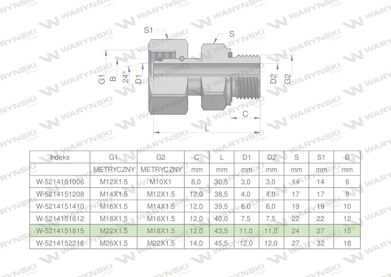 Przyłączka hydrauliczna metryczna AB (EVGE) M22x1.5 15L x M18x1.5 ED Waryńs