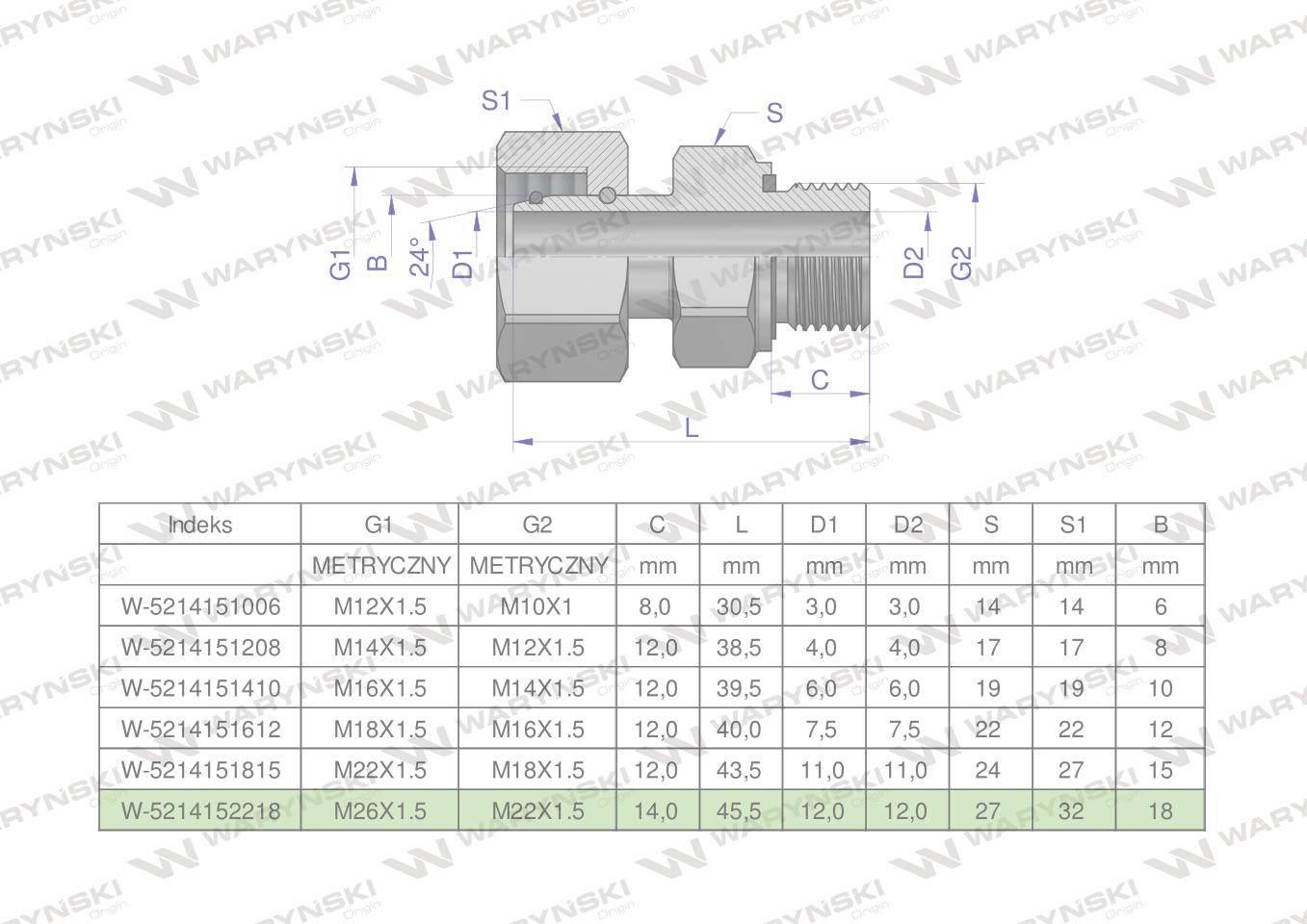 Przyłączka hydrauliczna metryczna AB (EVGE) M26x1.5 18L x M22x1.5 ED Waryńs