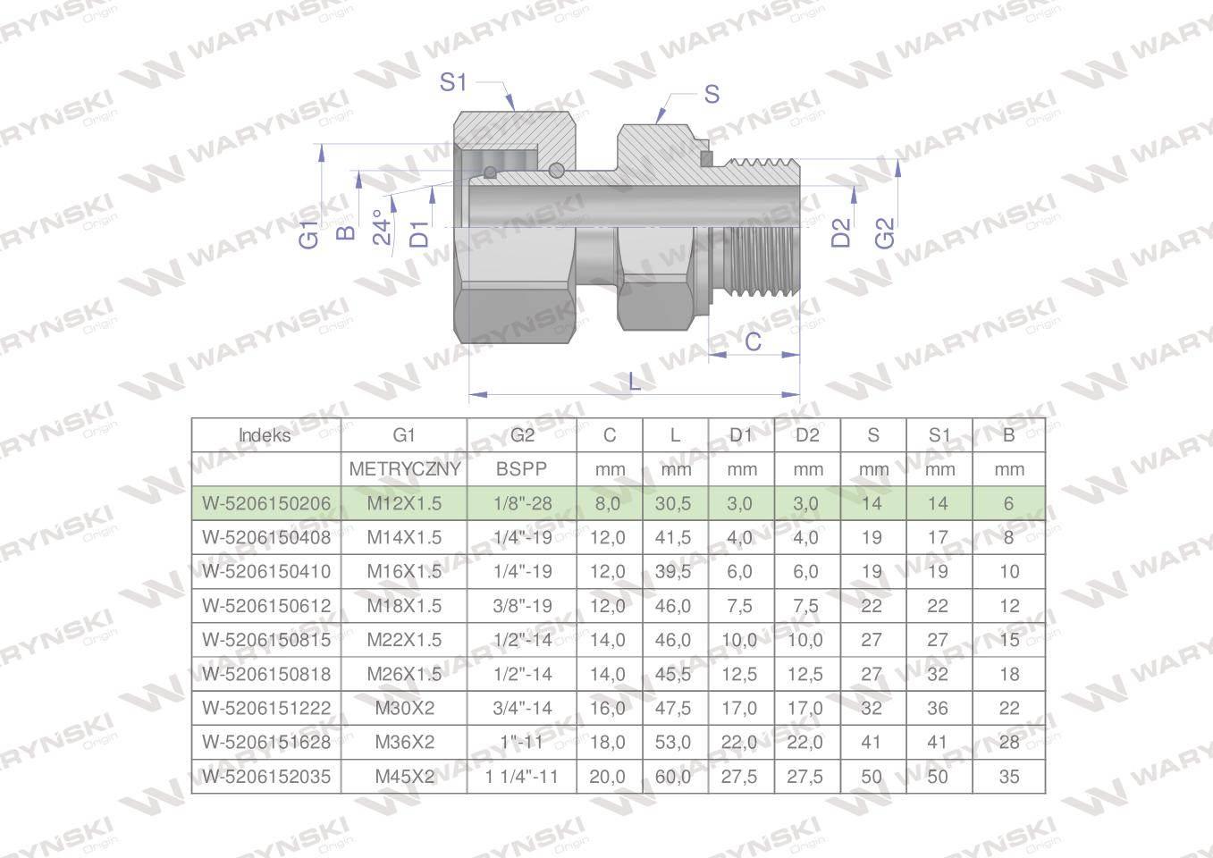 Przyłączka hydrauliczna AB (EVGE) M12x1.5 06L x 1/8" BSP ED Waryński 2szt
