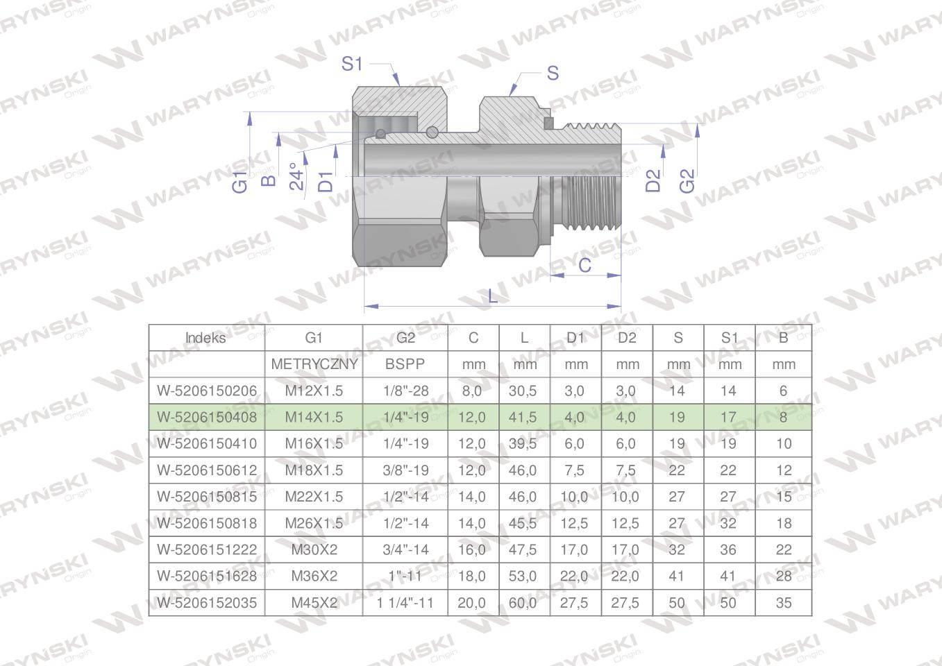 Przyłączka hydrauliczna AB (EVGE) M14x1.5 08L x 1/4" BSP ED Waryński 2szt