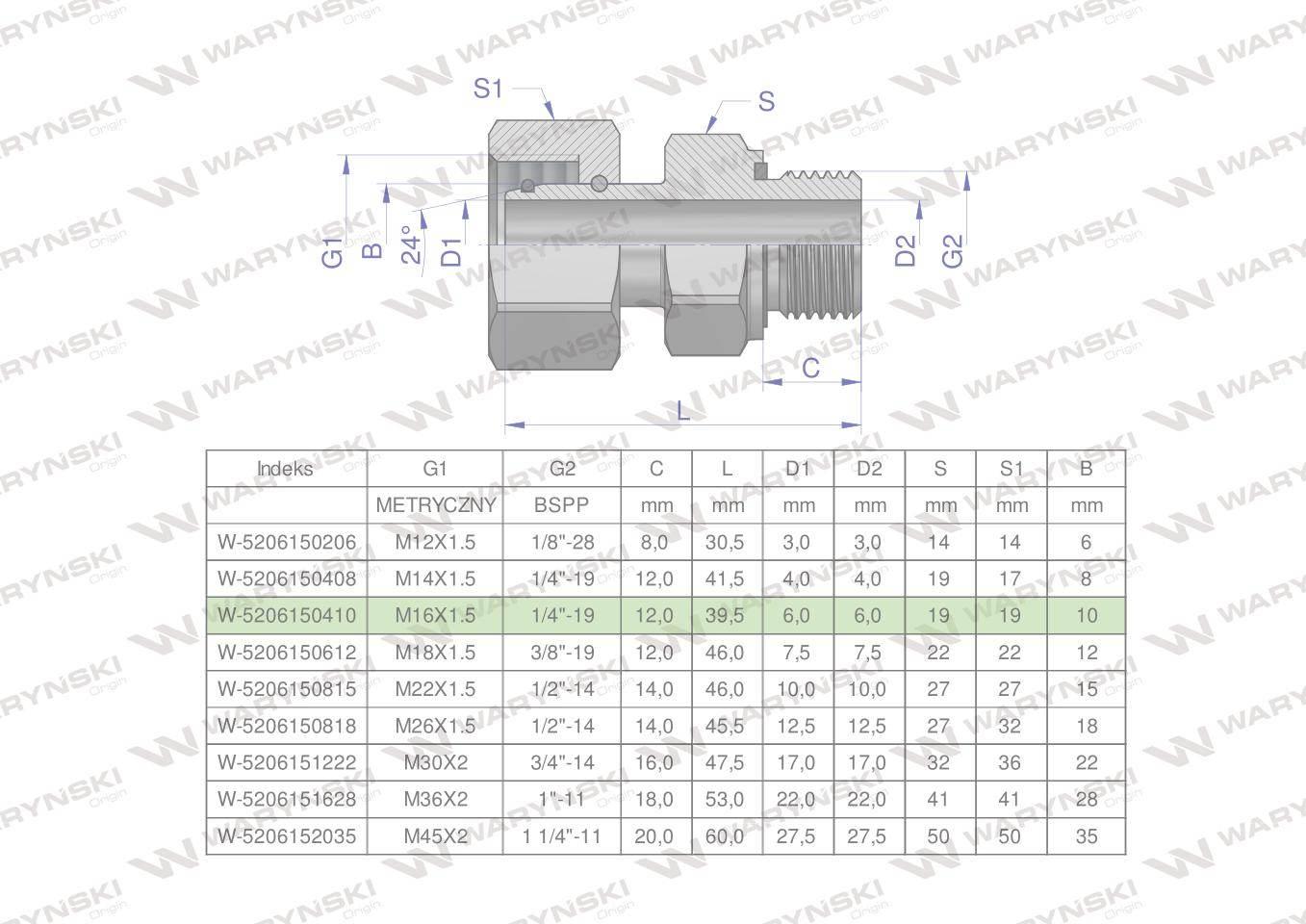 Przyłączka hydrauliczna AB (EVGE) M16x1.5 10L x 1/4" BSP ED Waryński 2szt