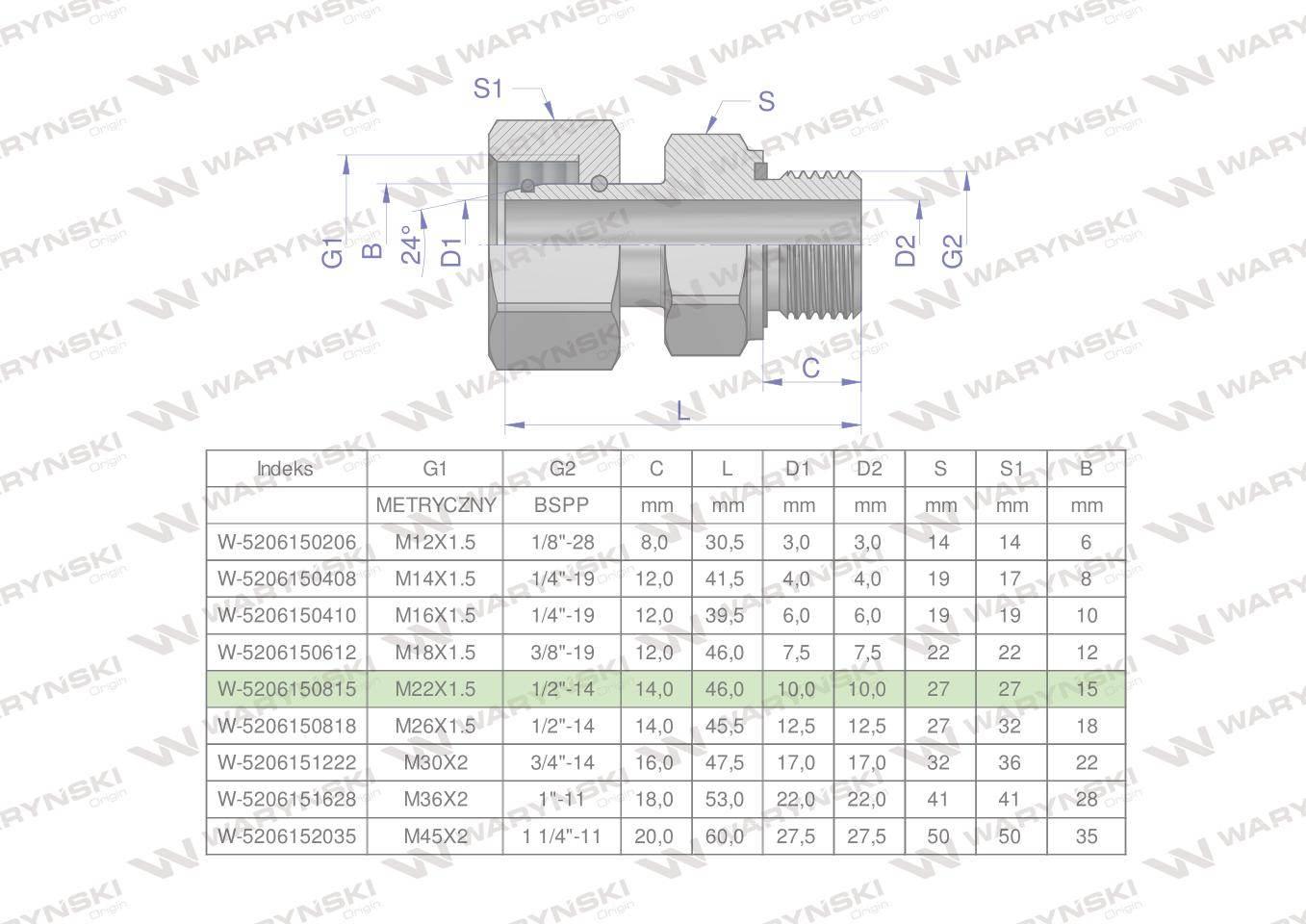 Przyłączka hydrauliczna AB (EVGE) M22x1.5 15L x 1/2" BSP ED Waryński 2szt