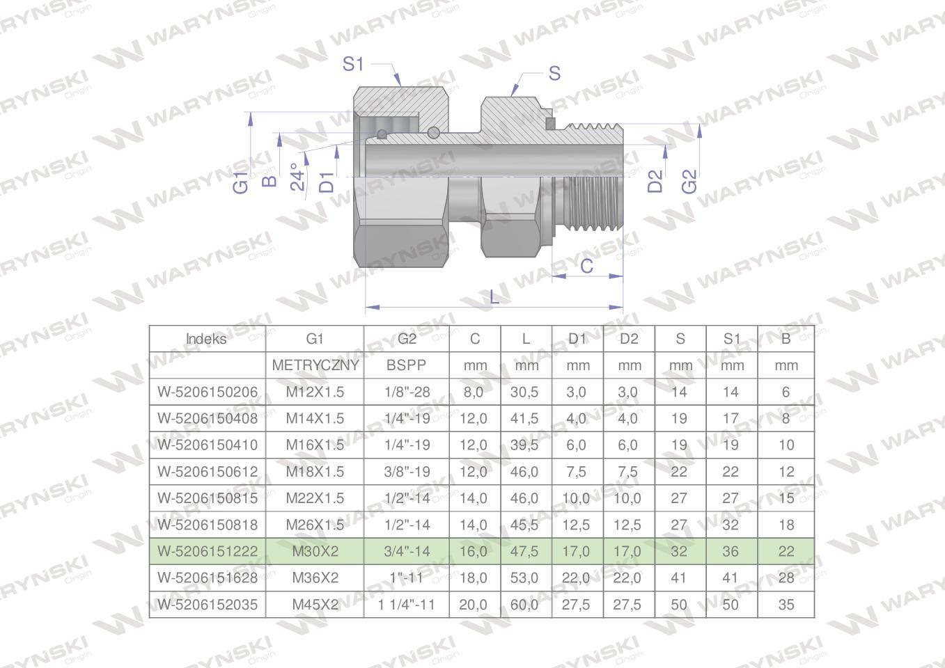 Przyłączka hydrauliczna AB (EVGE) M30x2 22L x 3/4" BSP ED Waryński