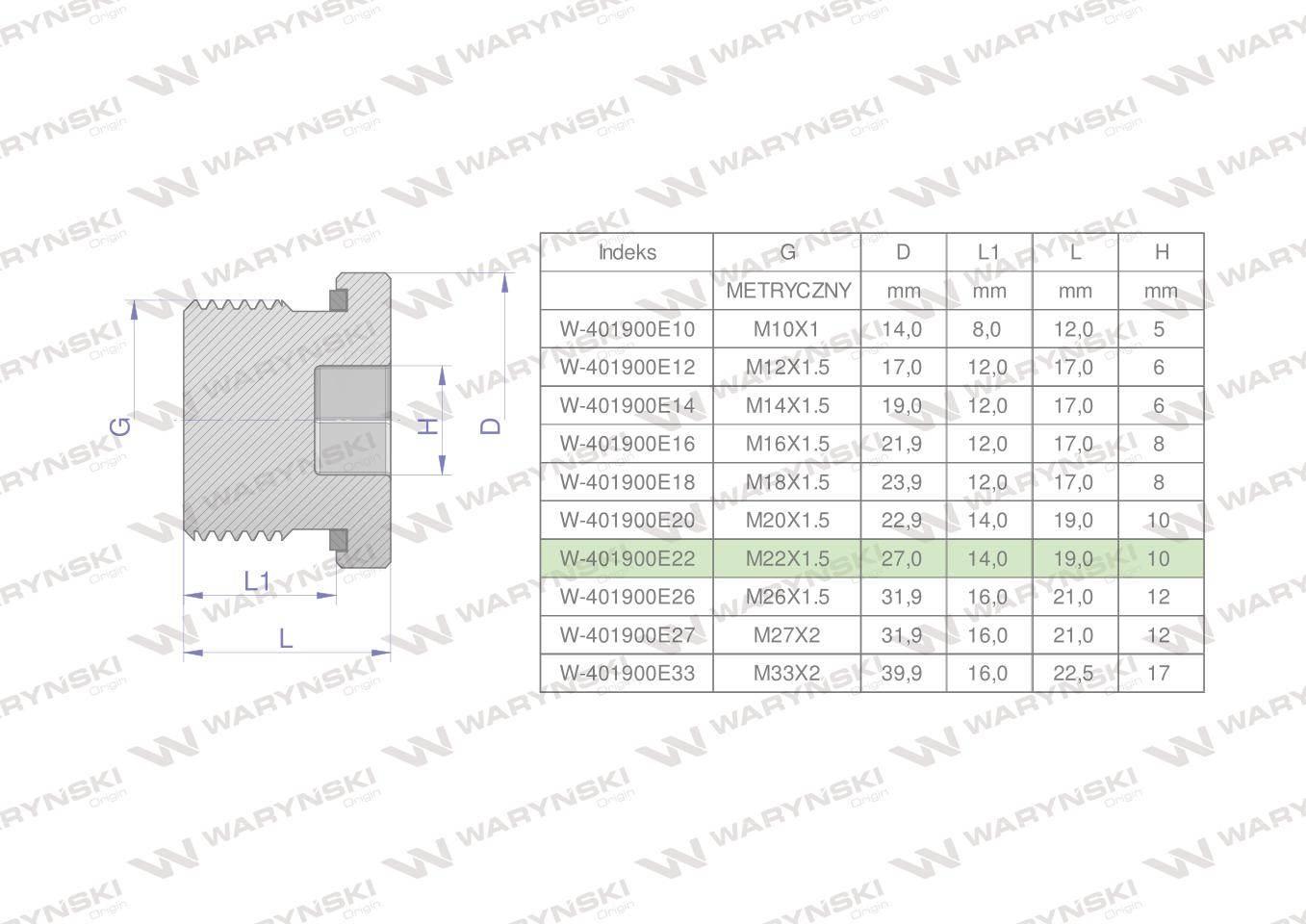 Korek hydrauliczny metryczny (na imbus) M22x1.5 ED Waryński 10szt