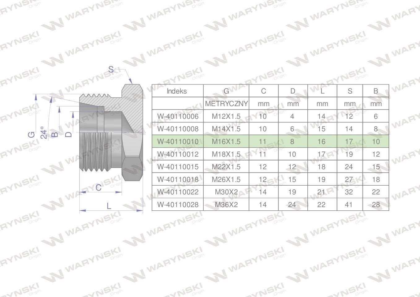 Korek hydrauliczny metryczny (na klucz) M16x1.5 10L Waryński 10szt
