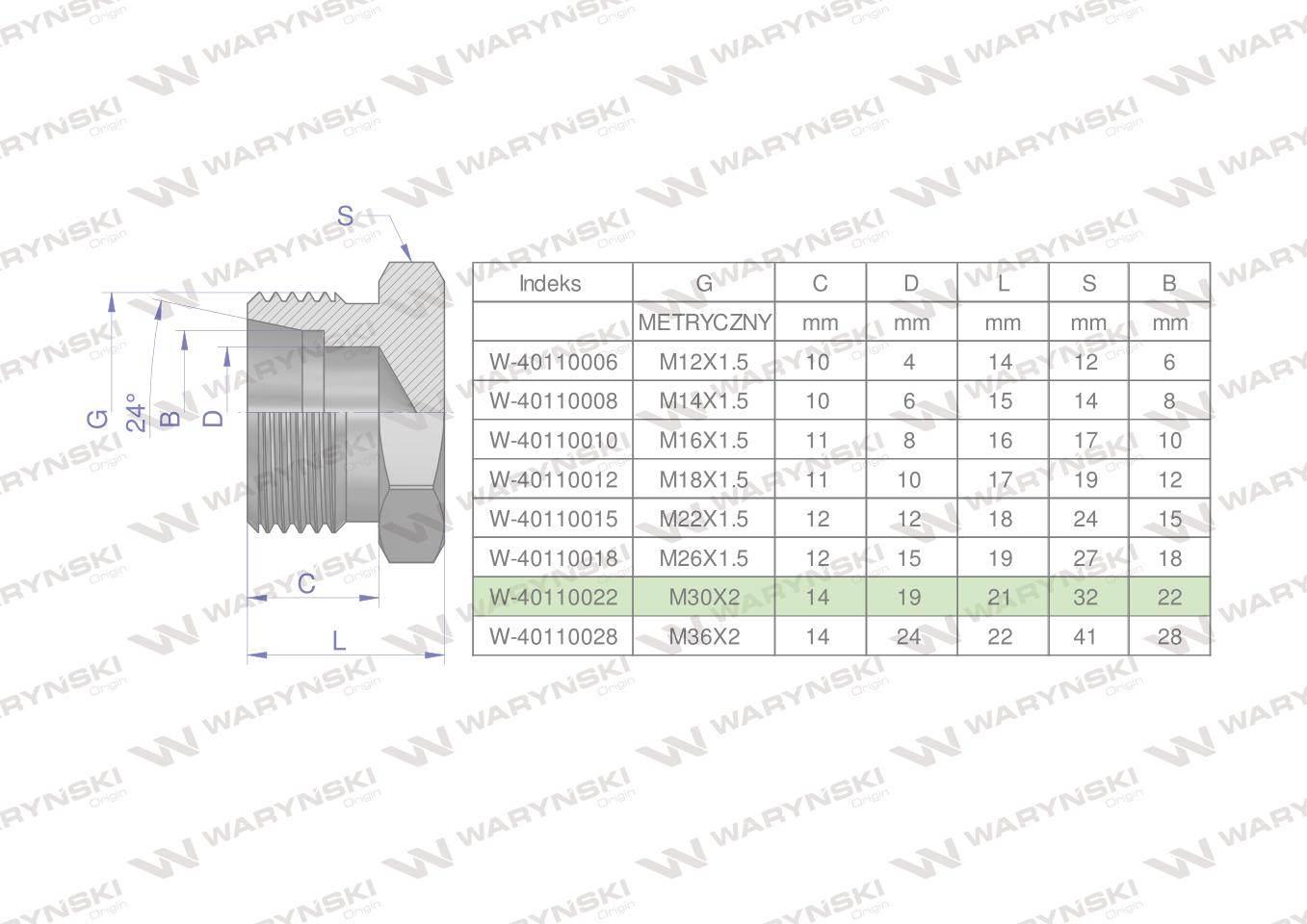 Korek hydrauliczny metryczny (na klucz) M30x2 22L Waryński 2szt W-40110022