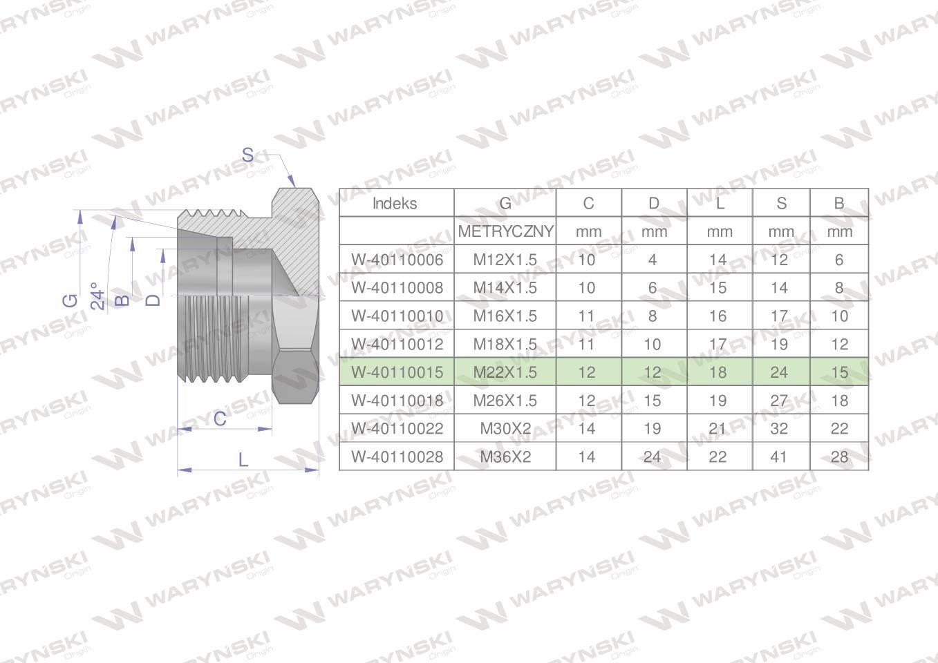 Korek hydrauliczny metryczny (na klucz) M22x1.5 15L Waryński 10szt