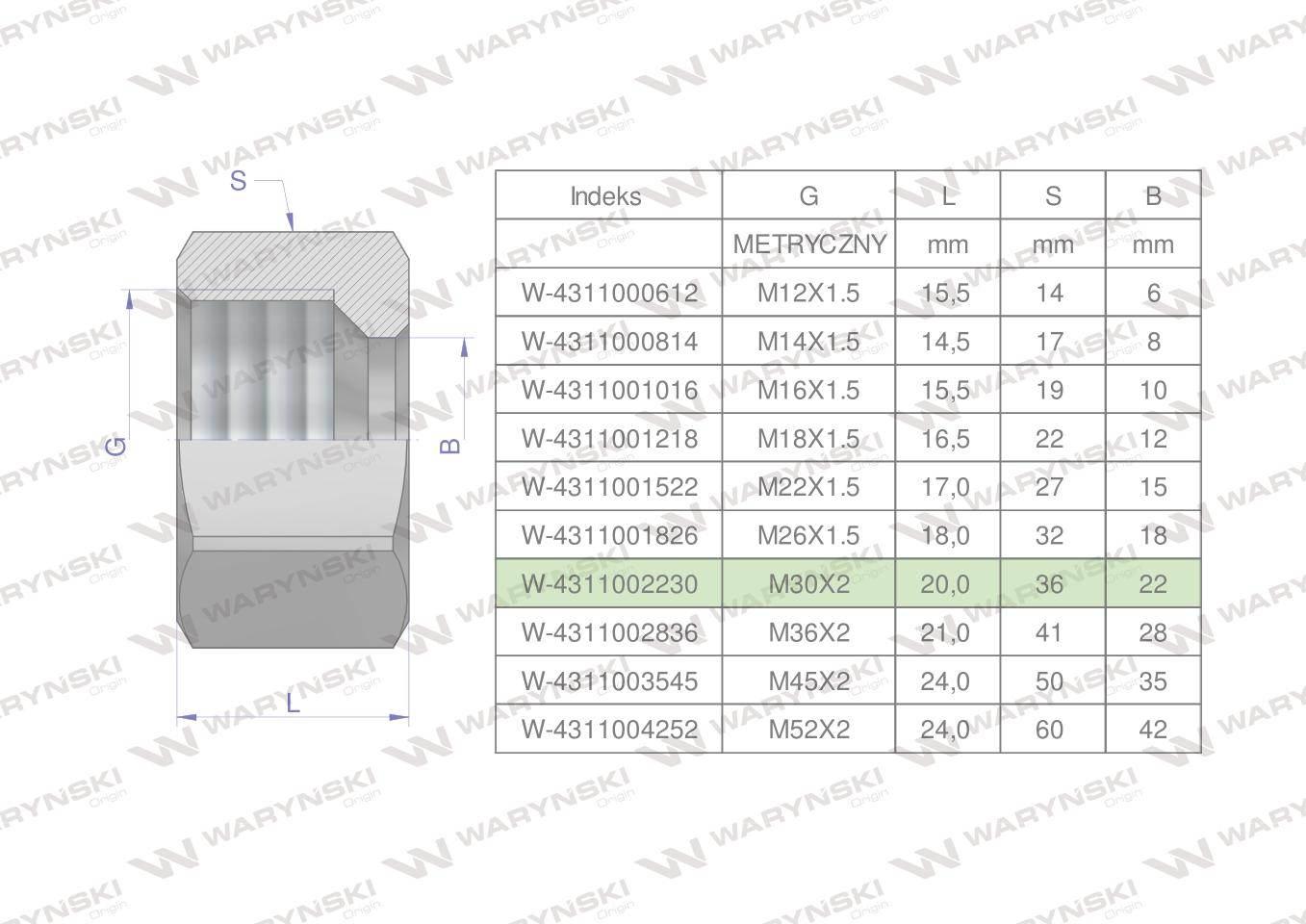 Nakrętka hydrauliczna metryczna (M22L) M30x2 22L Waryński 5szt