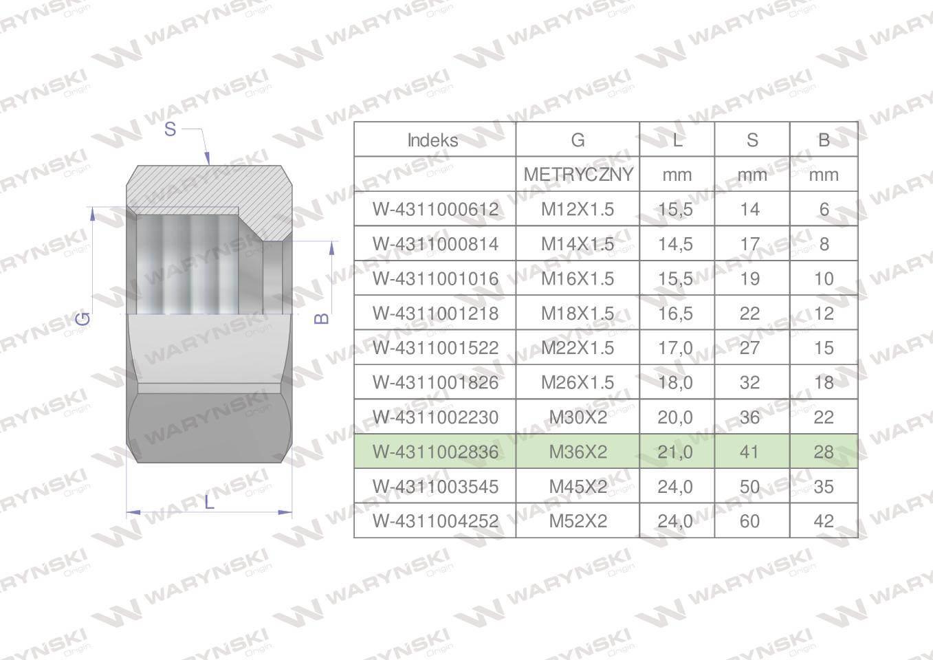Nakrętka hydrauliczna metryczna (M28L) M36x2 28L Waryński 5szt