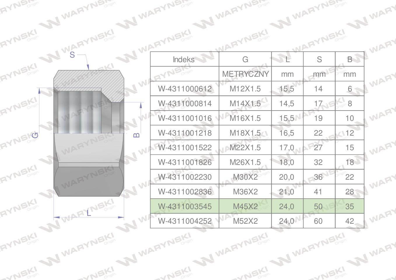 Nakrętka hydrauliczna metryczna (M35L) M45x2 35L Waryński 2szt
