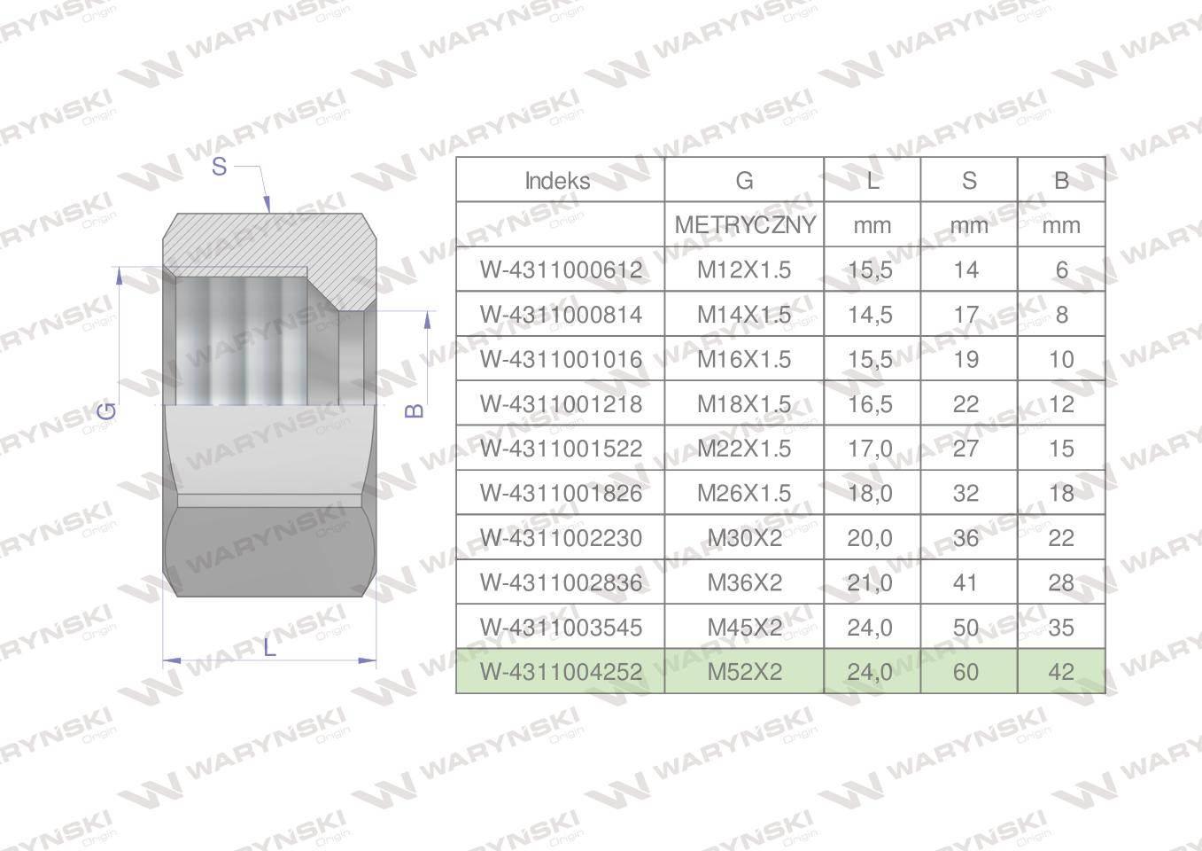 Nakrętka hydrauliczna metryczna (M42L) M52x2 42L Waryński 2szt