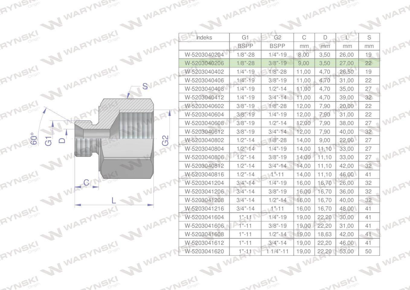 Tulejka różnicowa hydrauliczna calowa AB 1/8"GZ x 3/8"GW BSP Waryński 2szt