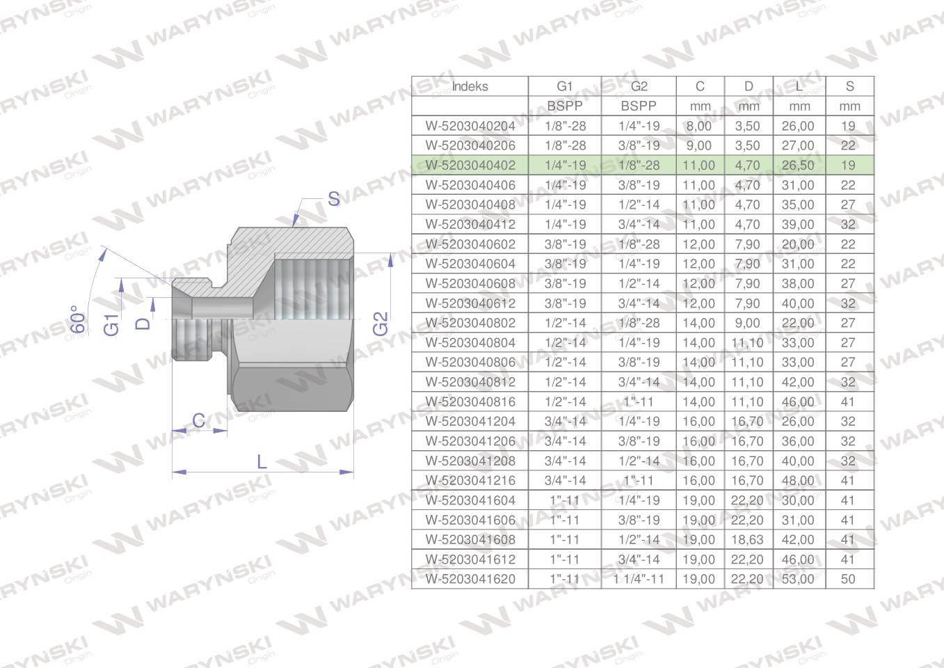 Tulejka różnicowa hydrauliczna calowa AB 1/4"GZ x 1/8"GW BSP Waryński 2szt