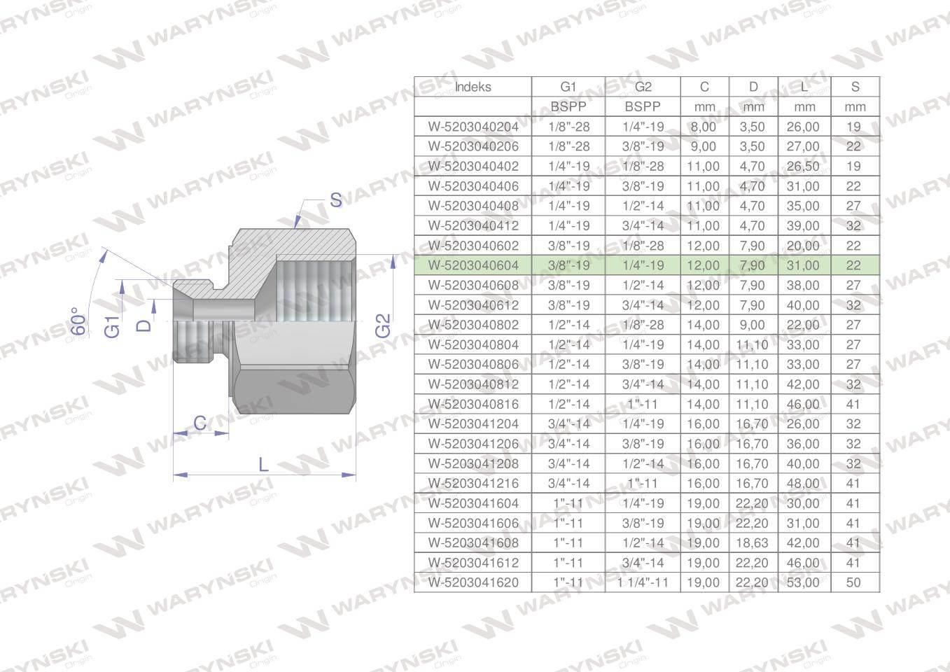 Tulejka różnicowa hydrauliczna calowa AB 3/8"GZ x 1/4"GW BSP Waryński 2szt