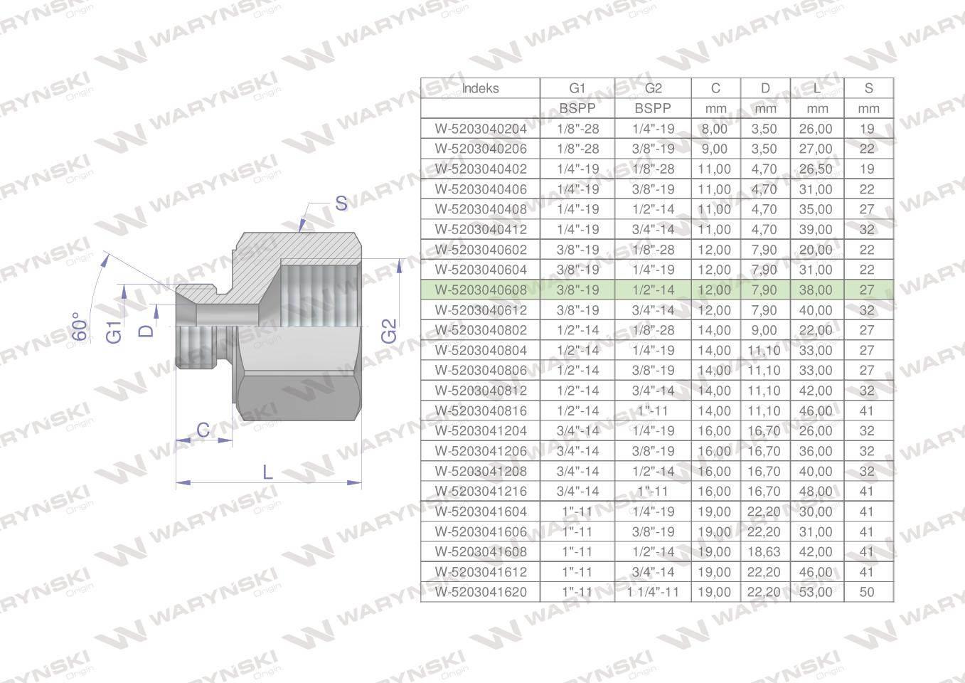 Tulejka różnicowa hydrauliczna calowa AB 3/8"GZ x 1/2"GW BSP Waryński 2szt