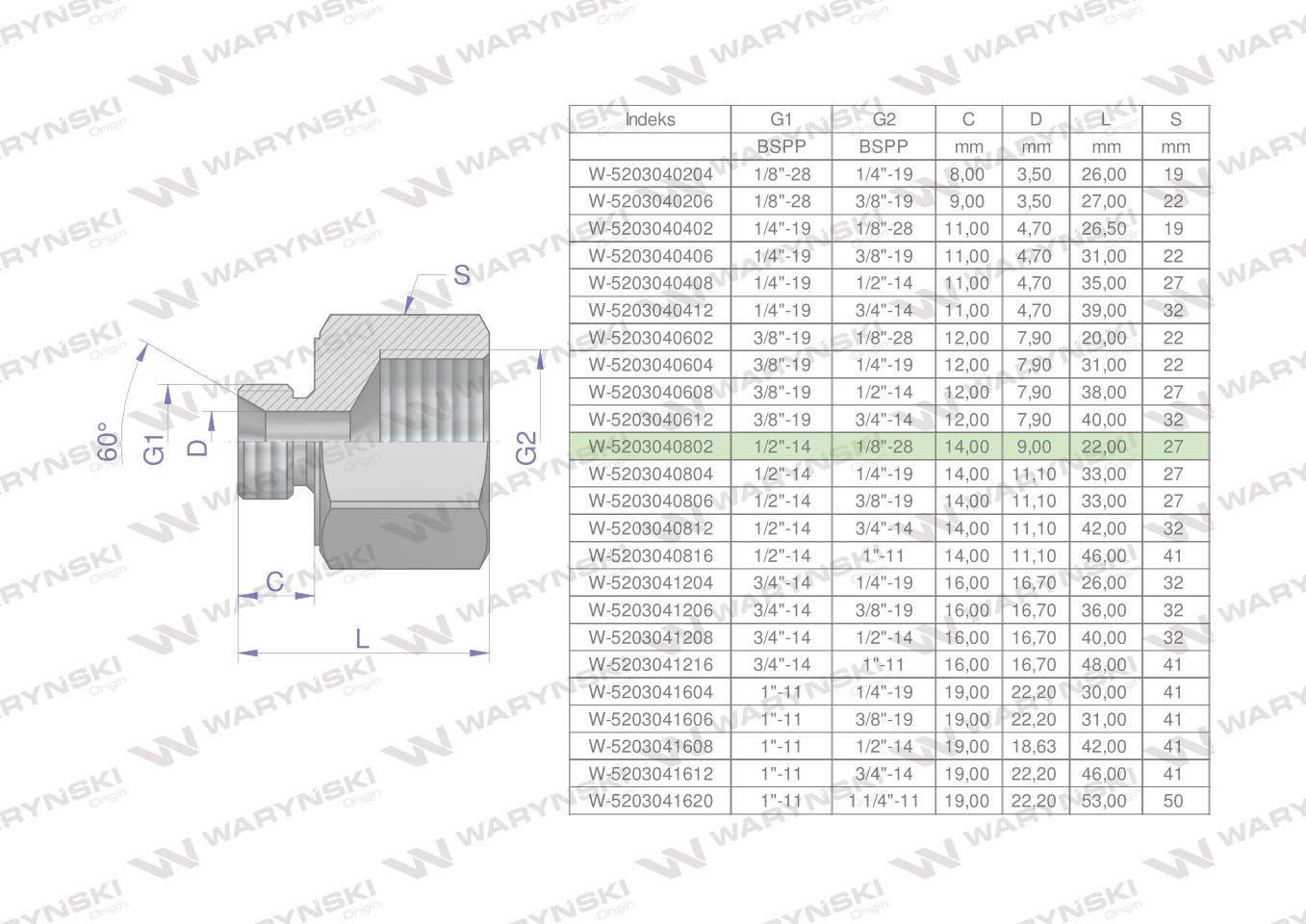Tulejka różnicowa hydrauliczna calowa AB 1/2"GZ x 1/8"GW BSP Waryński 2szt