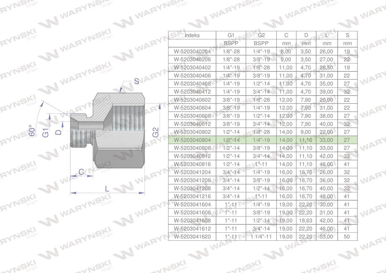 Tulejka różnicowa hydrauliczna calowa AB 1/2"GZ x 1/4"GW BSP Waryński 2szt