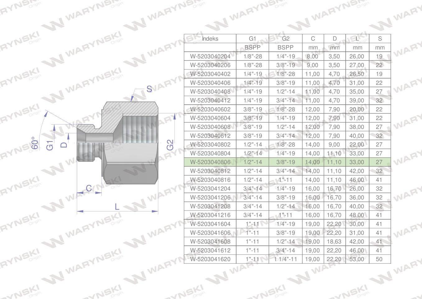 Tulejka różnicowa hydrauliczna calowa AB 1/2"GZ x 3/8"GW BSP Waryński 2szt