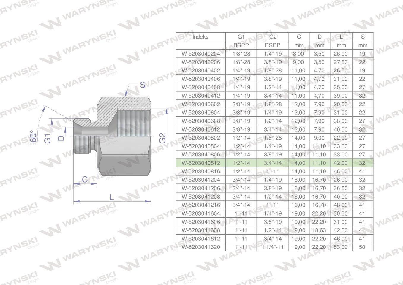Tulejka różnicowa hydrauliczna calowa AB 1/2"GZ x 3/4"GW BSP Waryński 2szt