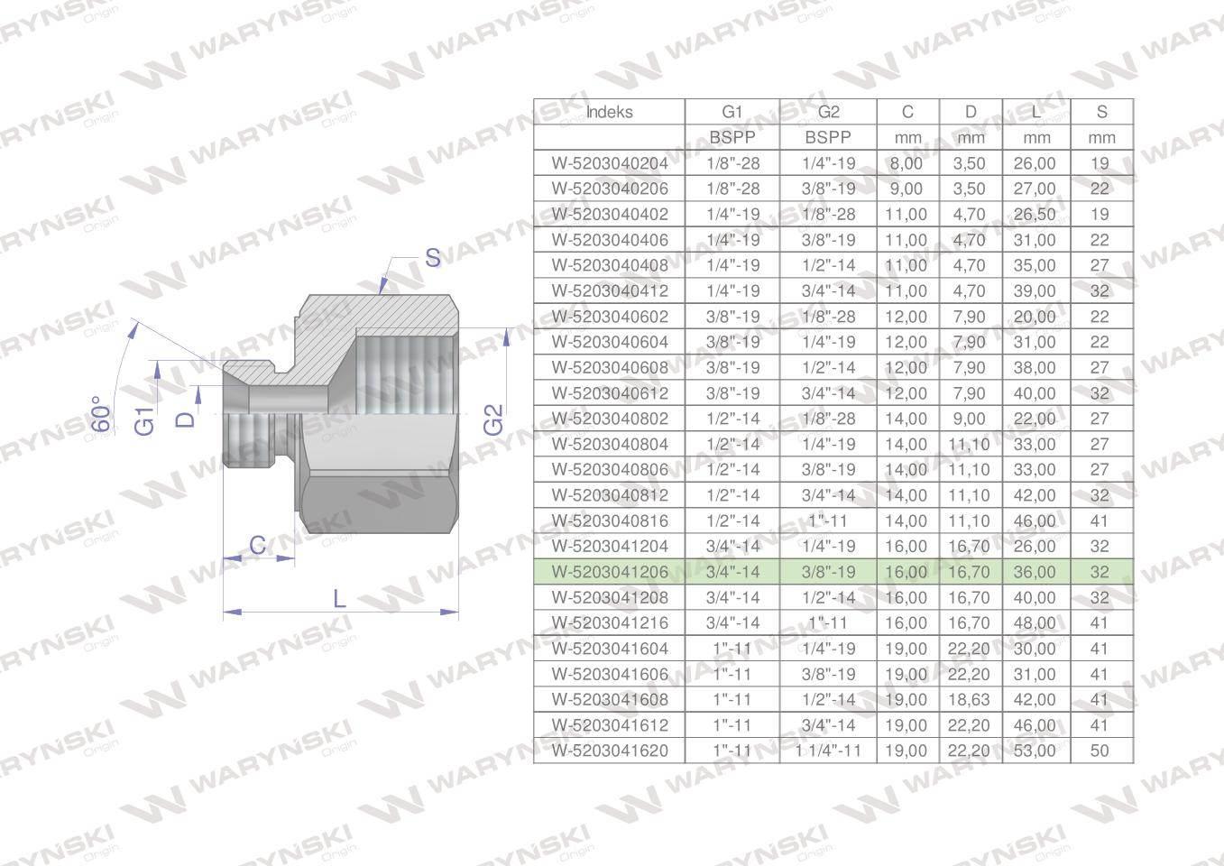 Tulejka różnicowa hydrauliczna calowa AB 3/4"GZ x 3/8"GW BSP Waryński 2szt
