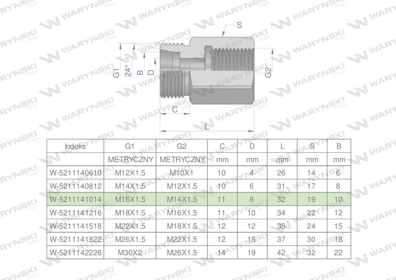 Tulejka różnicowa hydrauliczna metryczna AB M16x1.5 10L GZ x M14x1.5 GW War