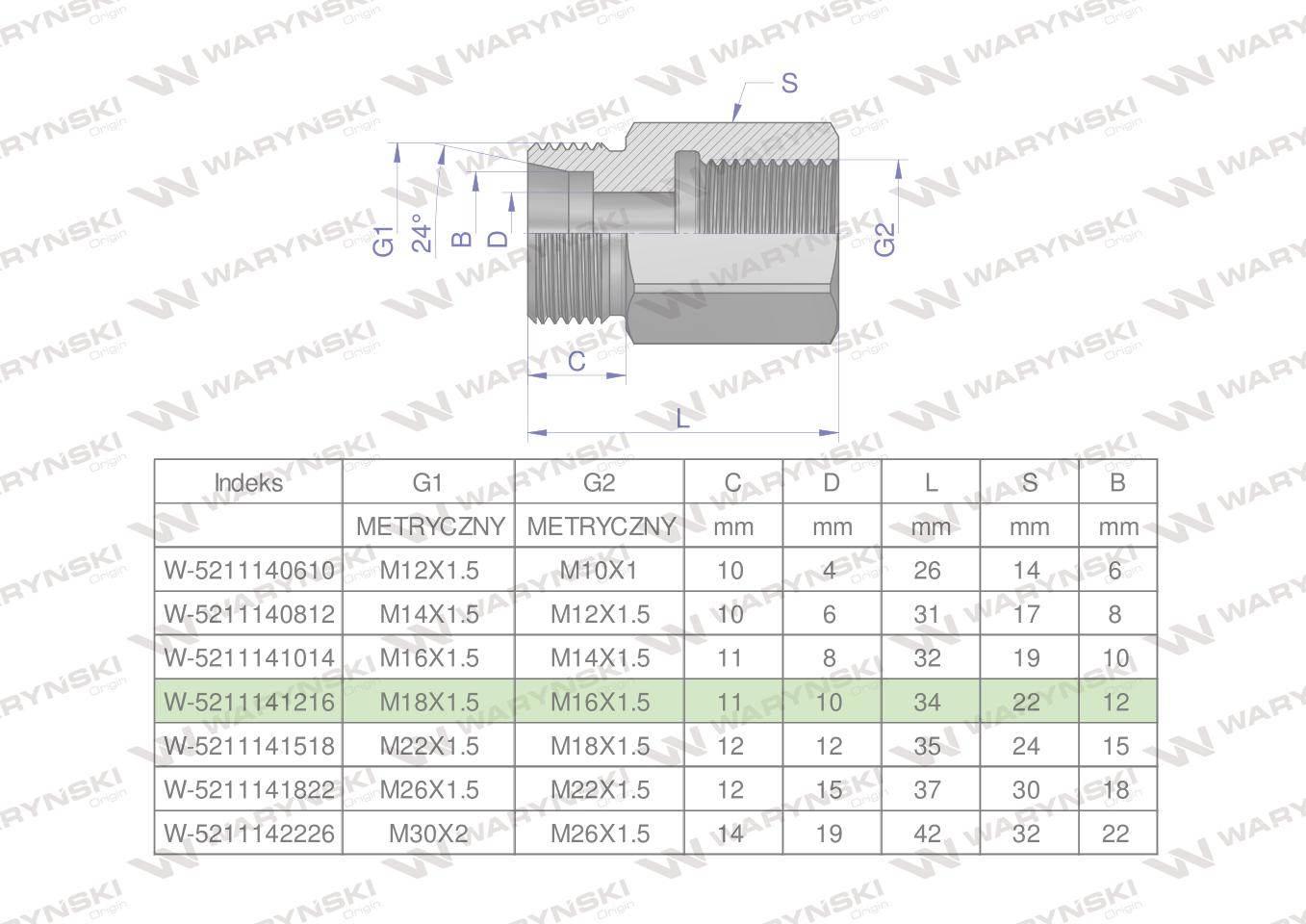 Tulejka różnicowa hydrauliczna metryczna AB M18x1.5 12L GZ x M16x1.5 GW War