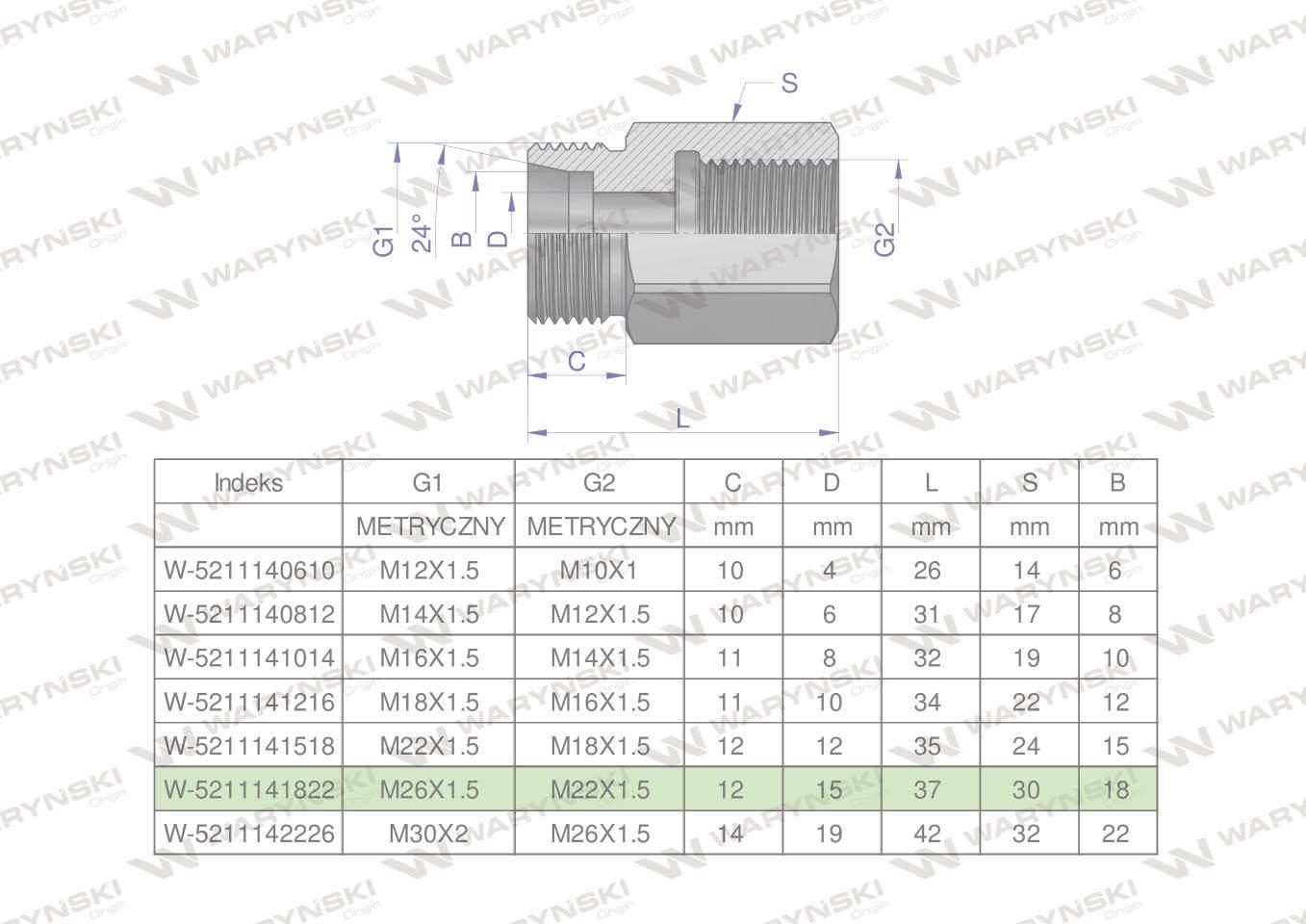 Tulejka różnicowa hydrauliczna metryczna AB M26x1.5 18L GZ x M22x1.5 GW War