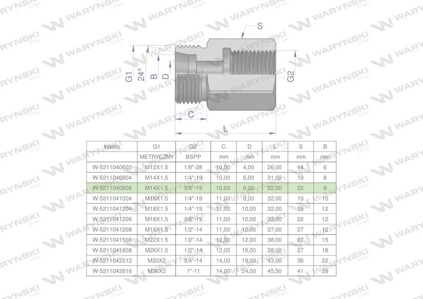 Tulejka różnicowa hydrauliczna AB M14x1.5 08L GZ x 3/8" BSP GW Waryński 2sz