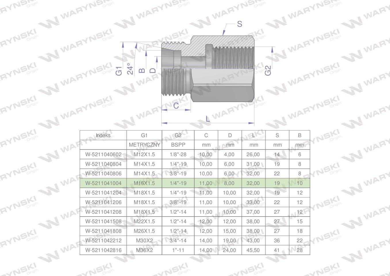 Tulejka różnicowa hydrauliczna AB M16x1.5 10L GZ x 1/4" BSP GW Waryński 2sz