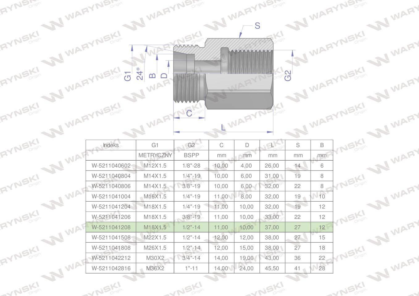 Tulejka różnicowa hydrauliczna AB M18x1.5 12L GZ x 1/2" BSP Waryński 2szt