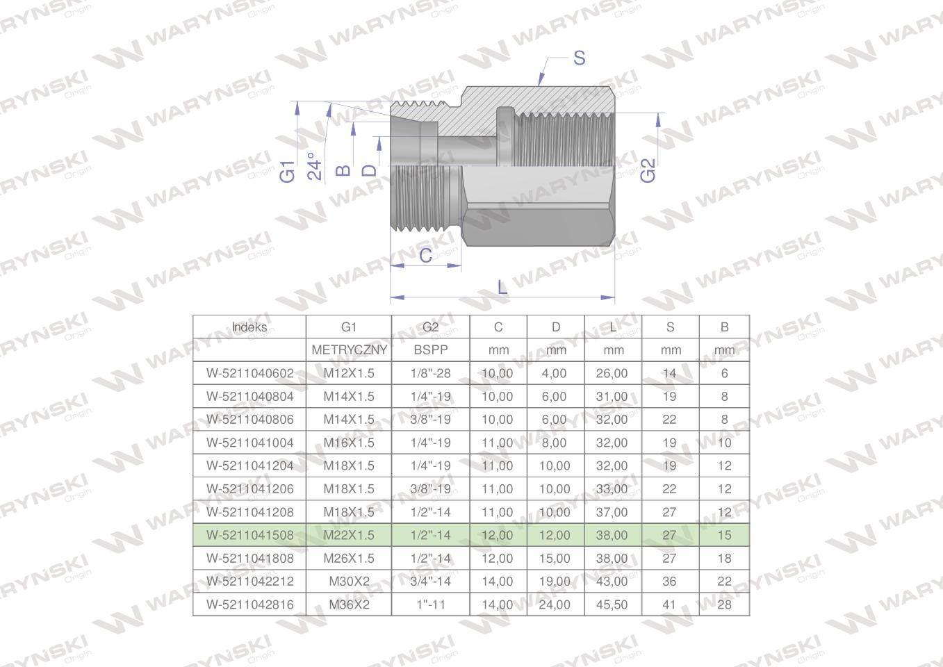 Tulejka różnicowa hydrauliczna AB M22x1.5 15L GZ x 1/2" BSP Waryński 2szt