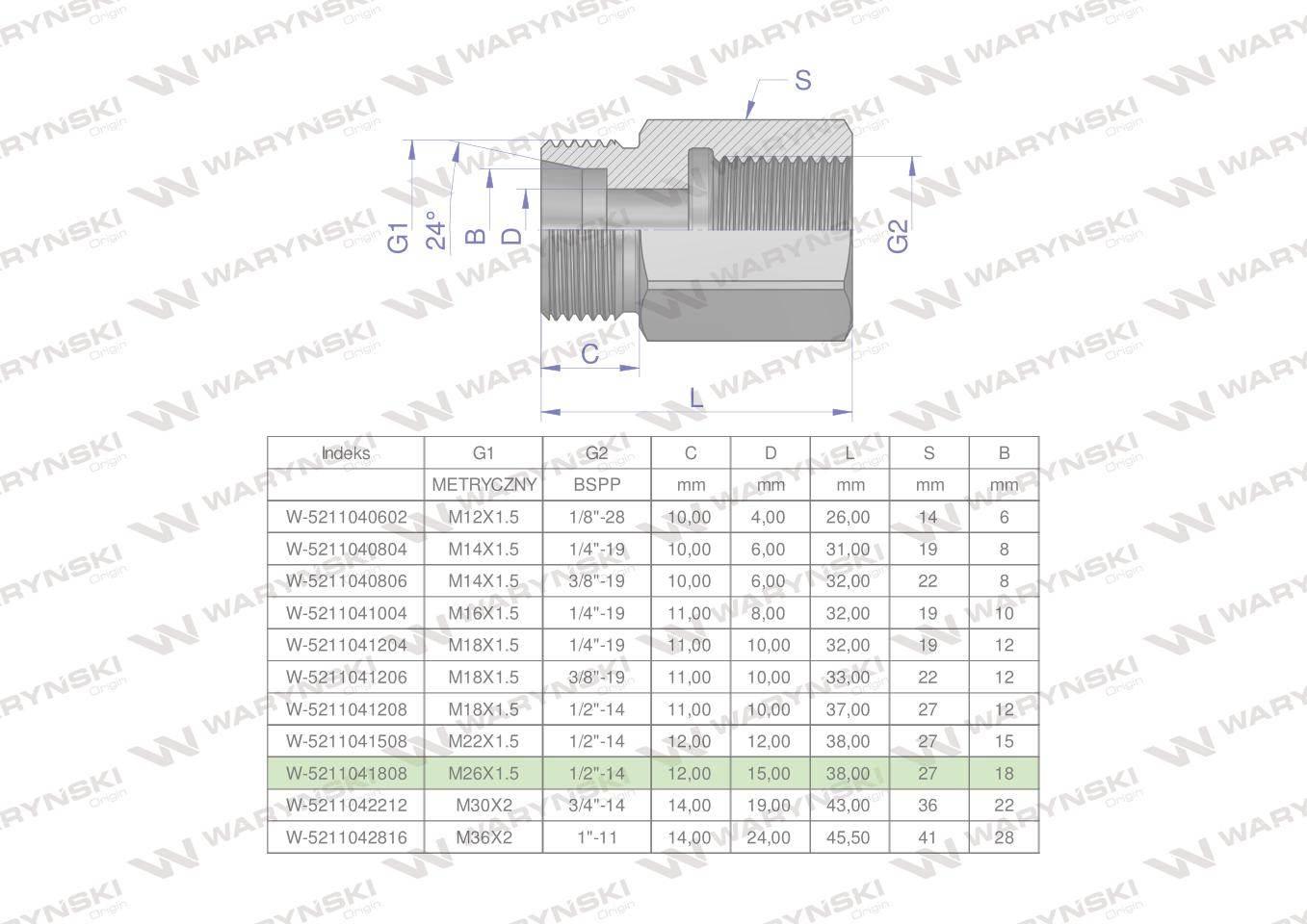 Tulejka różnicowa hydrauliczna AB M26x1.5 18L GZ x 1/2" BSP Waryński