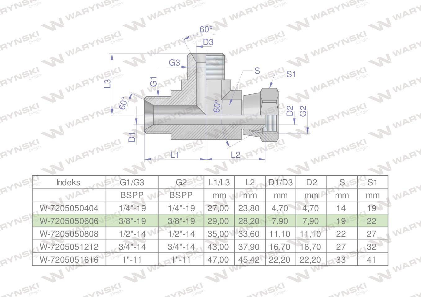Trójnik hydrauliczny niesymetryczny calowy BBA 3/8" BSP (XEVL) Waryński