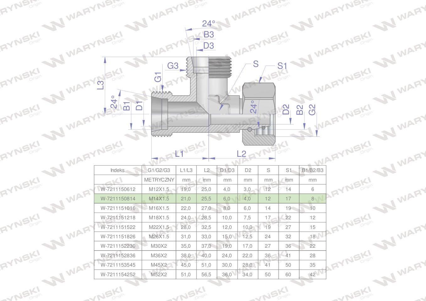 Trójnik hydrauliczny niesymetryczny metryczny BBA M14x1.5 08L (XEVL) Waryńs