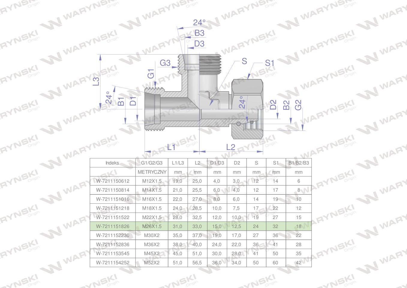 Trójnik hydrauliczny niesymetryczny metryczny BBA M26x1.5 18L (XEVL) Waryńs