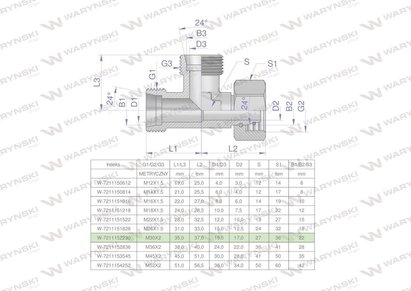 Trójnik hydrauliczny niesymetryczny metryczny BBA M30x2 22L (XEVL) Waryński - zdjęcie 4