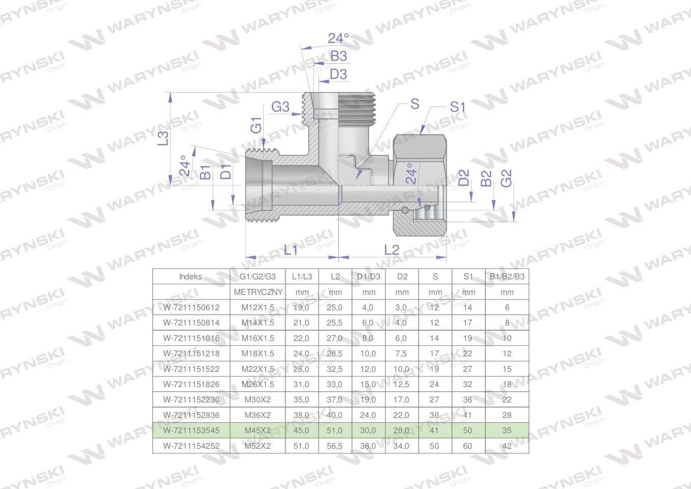 Trójnik hydrauliczny niesymetryczny metryczny BBA M45x3 35L (XEVL) Waryński