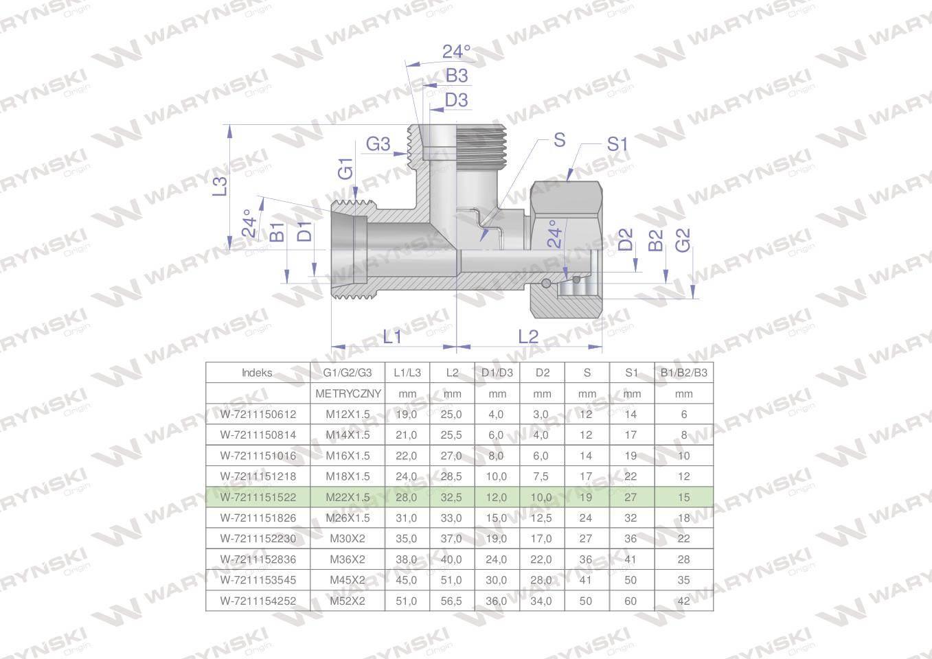 Trójnik hydrauliczny niesymetryczny metryczny BBA M22x1.5 15L (XEVL) Waryńs
