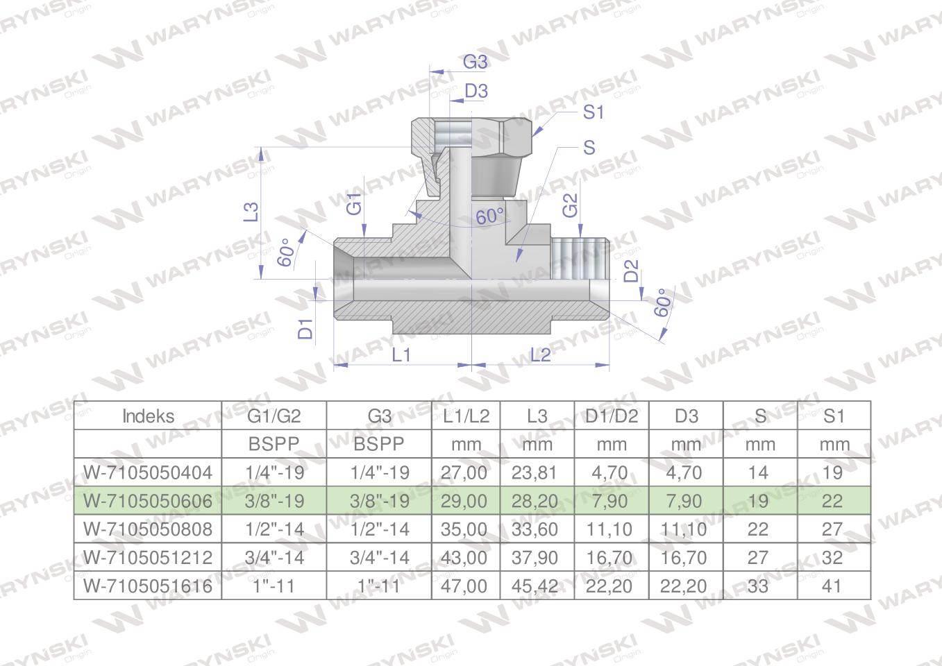 Trójnik hydrauliczny symetryczny calowy BAB 3/8" BSP (XEVT) Waryński
